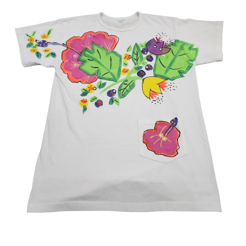 India Ink Vintage Hand Painted Floral T-Shirt Dress White One Size OS 9398